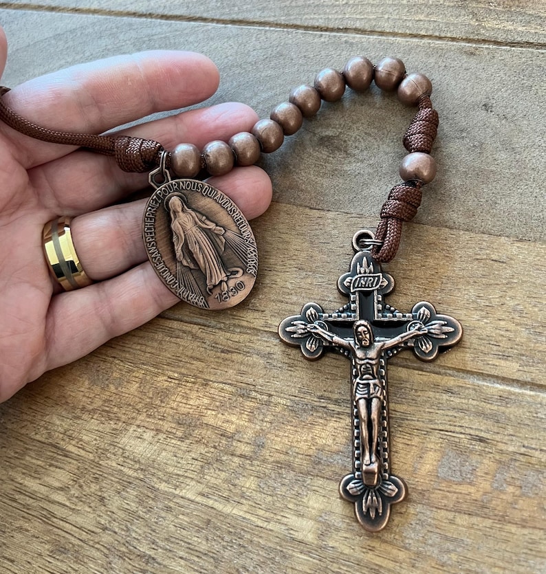 Copper Finish Miraculous Mary One Decade Catholic Rosary. Metal 10mm Beads. Brown #550 Paracord. image 8