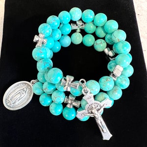 Blue Turquoise Stone Rosary Bracelet w/Stainless Steel Memory Wire. St. Benedict Crucifix, Cross Our Father Beads. Choice of Saint Medal.