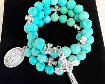 Blue Turquoise Stone Rosary Bracelet w/Stainless Steel Memory Wire. St. Benedict Crucifix, Cross Our Father Beads. Choice of Saint Medal.