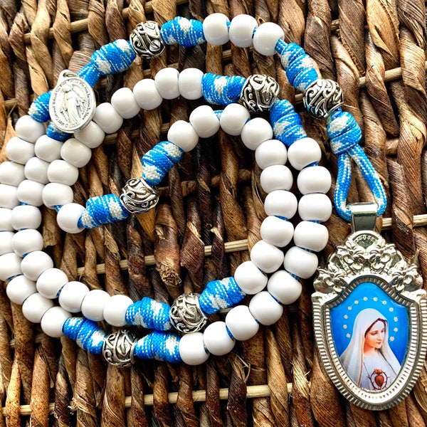 Mother Mary Catholic Rosary w/White Gloss Acrylic 10mm Beads. Metal Alloy Our Father Beads. Your choice of Saint Medal. (550 Paracord)