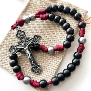 12 Apostles Anglican Rosary. 12mm Black Matte Acrylic Beads. Gray Slate Cruciform Beads. #550 Burgundy Paracord.