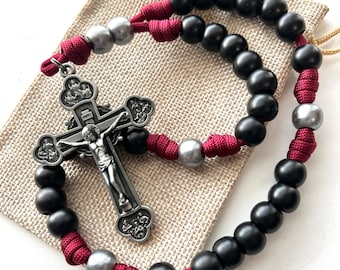12 Apostles Anglican Rosary. 12mm Black Matte Acrylic Beads. Gray Slate Cruciform Beads. #550 Burgundy Paracord.