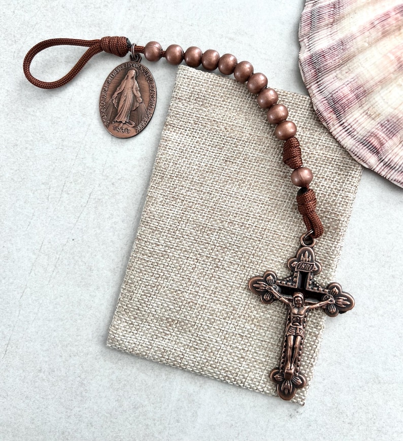 Copper Finish Miraculous Mary One Decade Catholic Rosary. Metal 10mm Beads. Brown #550 Paracord. image 4