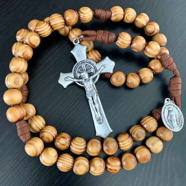 Natural Wood Catholic Rosary. 12mm Pine Wood Beads. Large St. Benedict Crucifix. Your choice of Saint Medal. #550 Paracord