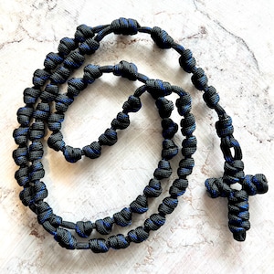 Black w/Blue Lines Knotted Catholic Rosary Rope for the Minimalist. All #550 Paracord.