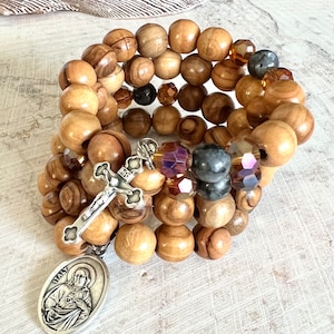 Holy Land Olive Wood Rosary Bracelet w/Crystal & Labradorite Stone. Stainless Steel Memory Wire. Italian Made Crucifix. Choice of St. Medal
