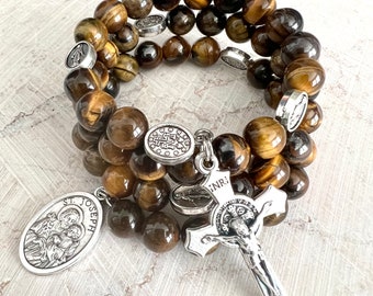 Tigers Eye Stone Rosary Bracelet w/Stainless Steel Memory Wire. Saint Benedict Crucifix. Miraculous Medal Our Fathers. Choice of St. Medal