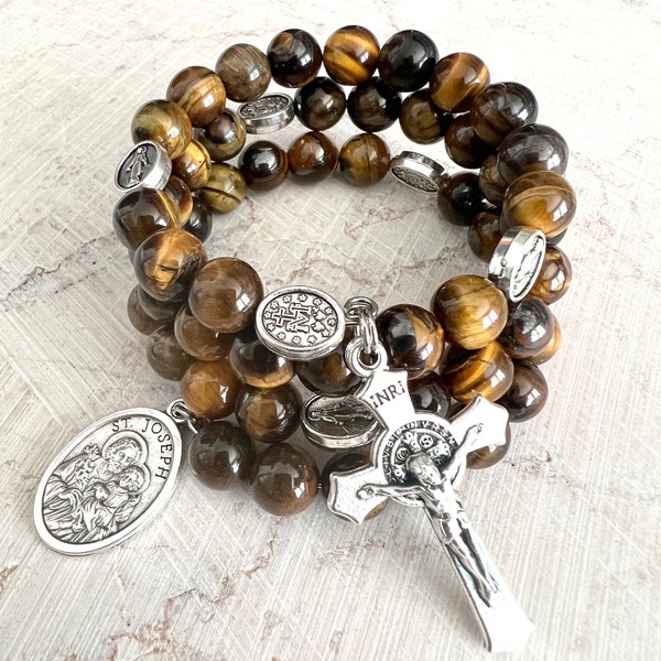 Tigers Eye Stone Rosary Bracelet w/Stainless Steel Memory Wire. Saint Benedict Crucifix. Miraculous Medal Our Fathers. Choice of St. Medal