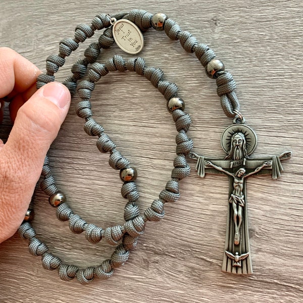 Gray TERTIUM MILLENNIUM Catholic Rosary w/your choice of Saint Medal. Metal Alloy Gunmetal Finish Our Father Beads. #550 Paracord