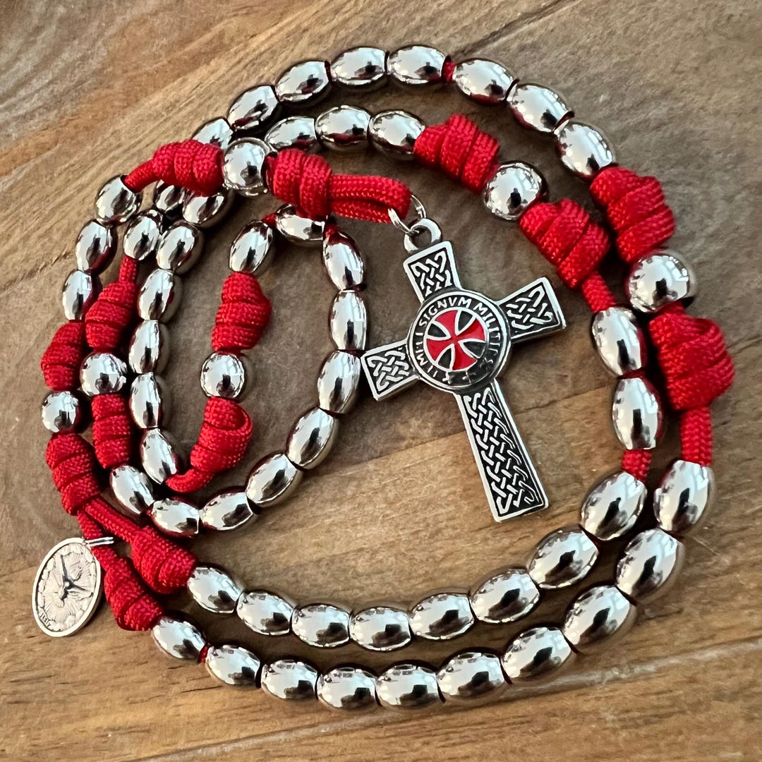 HEAVY 5.15oz All Stainless Steel Crusader Templar Catholic Rosary