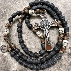 St. Benedict Skull Catholic Rosary, Memento Mori. All Skull 11mm Beads. Black Matte & Bone White. Your choice of Saint Medal. #550 Paracord