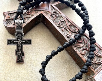 Black Eastern Orthodox Prayer Rope Chotki 50 barrel knots. Large Stainless Steel Eastern Orthodox Crucifix. #550 Paracord