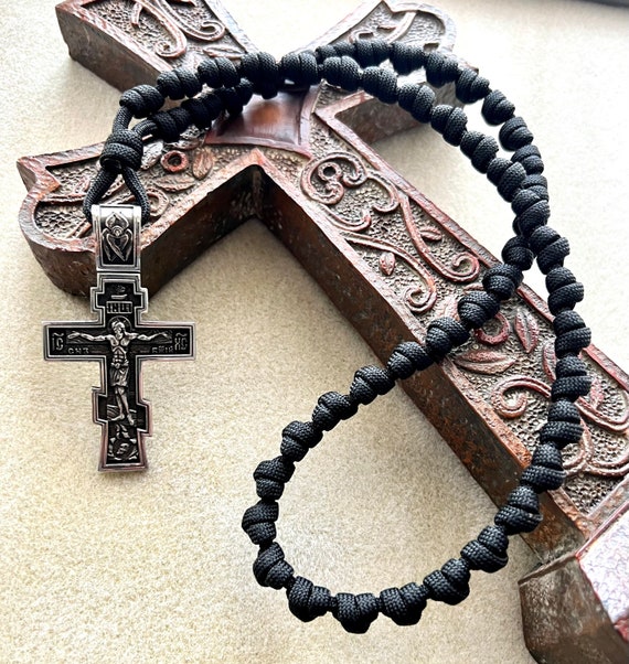 Black Eastern Orthodox Prayer Rope Chotki 50 Barrel Knots. Large Stainless  Steel Eastern Orthodox Crucifix. 550 Paracord 