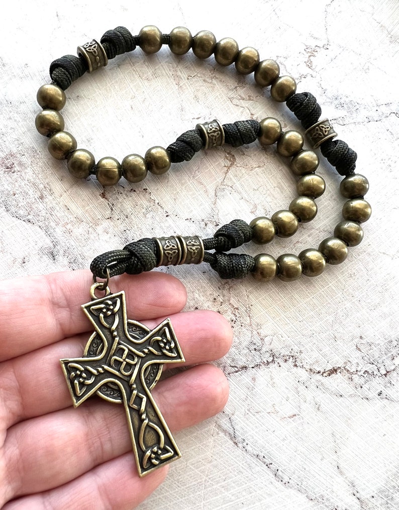 All Metal Bronze Finish Anglican Rosary. Double Sided Celtic Cross. 10mm Metal Beads. Metal Cruciform Beads. #550 Paracord image 4