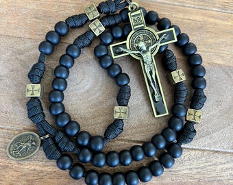 Black & Bronze Catholic Rosary with St. Michael Medal. 10mm CCB Resin Beads. Large Metal Crucifix and Metal Our Father Beads. #550 Paracord.