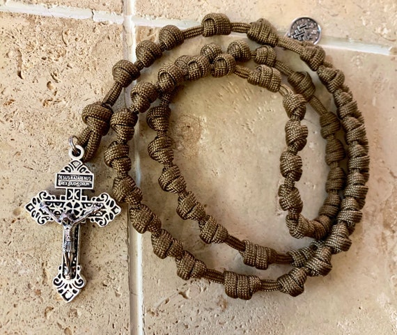 Coyote Brown Knotted Catholic Rosary Rope W/choice of Saint Medal