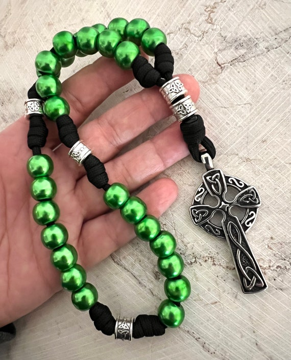 Pearl Green Celtic Anglican Rosary W/stainless Steel Cross. 12mm