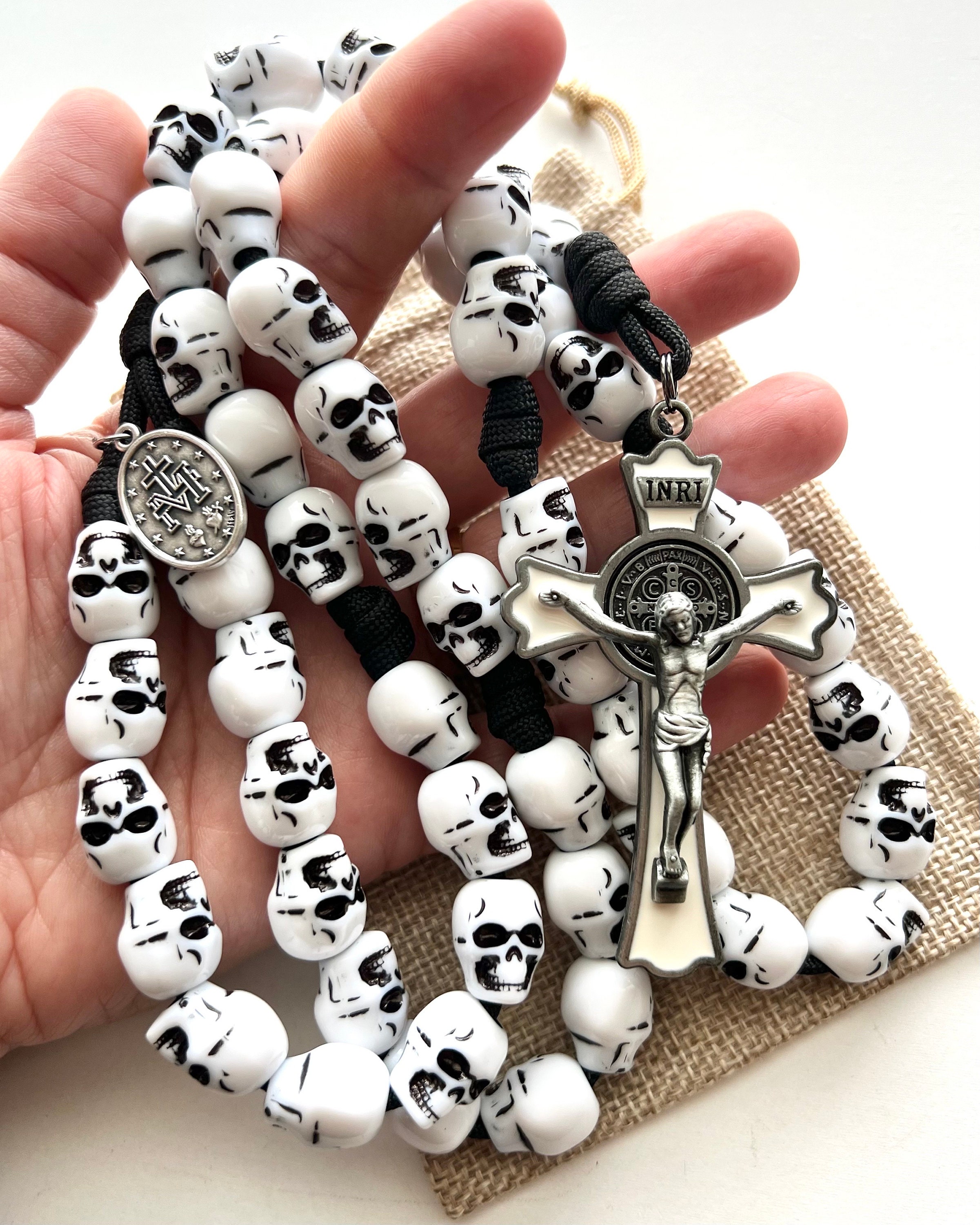 Large St. Benedict Skull Catholic Rosary, Memento Mori. 15mm