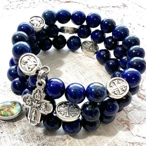 Lapis Lazuli Natural Stone Rosary Bracelet with Stainless Steel Memory Wire. Four Way Cross, Mary/Jerusalem Our Fathers & St. Michael Charm