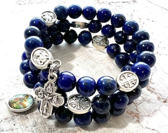 Lapis Lazuli Natural Stone Rosary Bracelet with Stainless Steel Memory Wire. Four Way Cross, Mary/Jerusalem Our Fathers & St. Michael Charm