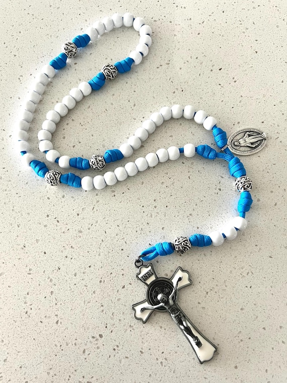 Mother Mary Catholic Rosary. Benedict Crucifix. White Gloss