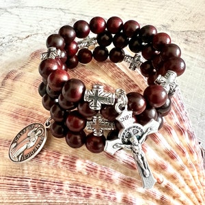 Brown Jujube Wood Rosary Bracelet w/Stainless Steel Memory Wire. St. Benedict Crucifix, Cross Our Father Beads. Choice of Saint Medal.