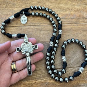 Thick St. Benedict Gunmetal Finish All Metal Catholic Rosary. 10mm Beads. Metal Our Father Beads. Your choice of Saint Medal. #550 Paracord