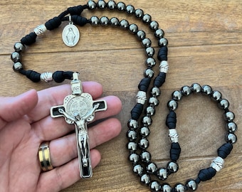 Thick St. Benedict Gunmetal Finish All Metal Catholic Rosary. 10mm Beads. Metal Our Father Beads. Your choice of Saint Medal. #550 Paracord