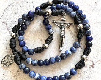 Sodalite Natural Stone Catholic Rosary. Stainless Steel Crucifix and Our Father Beads. 10mm Beads. Choice of St. Medal. #550 Paracord.