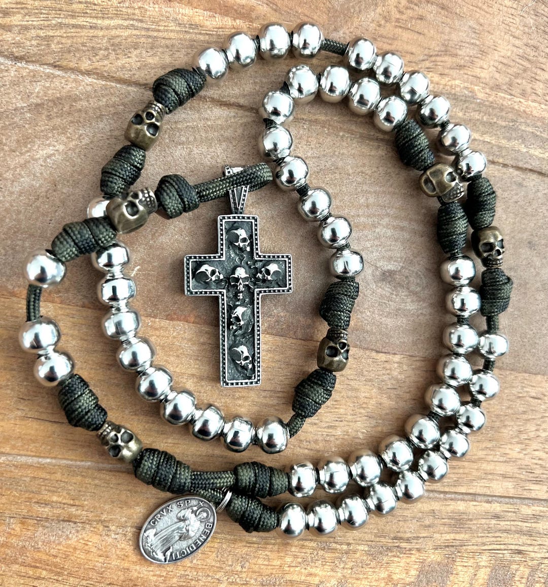 Steel Skull Cross Memento Mori Catholic Rosary. 10mm Metal Beads