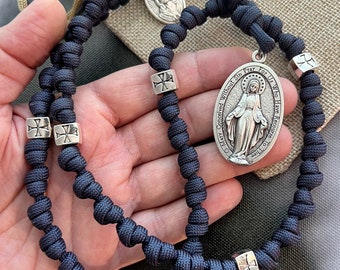 Navy Blue Seven Sorrows Rosary Rope. Lrge Miraculous Medal & Lady Of Sorrows/Jesus Medal. Metal Cross Design Our Father Beads. #550 Paracord