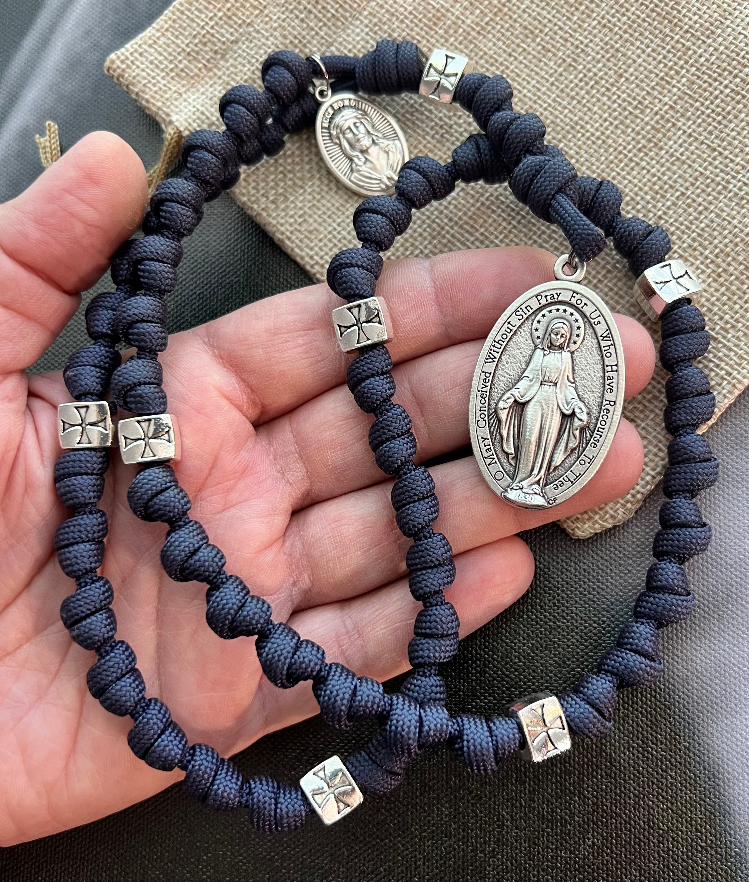 Navy Blue Seven Sorrows Rosary Rope. Lrge Miraculous Medal & Lady Of Sorrows/Jesus Medal. Metal Cross Design Our Father Beads. #550 Paracord