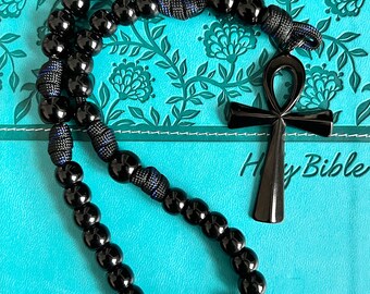 Stainless Steel Cross Ankh Egyptian Anglican Rosary. Black Gloss