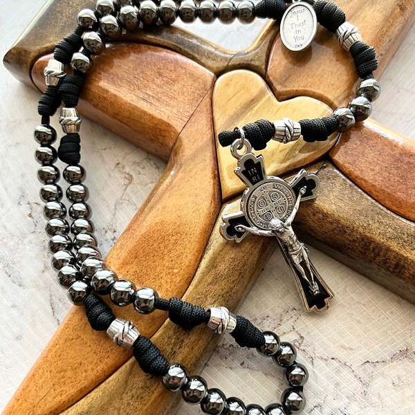 Thick St. Benedict Gunmetal Finish All Metal Catholic Rosary. 10mm Beads. Metal Our Father Beads. Your choice of Saint Medal. #550 Paracord