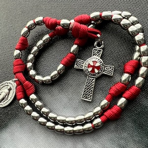 Miniature 14” Crusader Templar Red Knight Cross Catholic Rosary w/6mm Stainless Steel Beads. Metal Alloy Cross. Choice of Saint Medal.