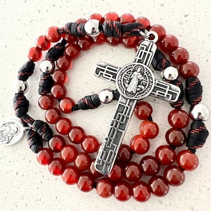 Red Agate Natural Stone Catholic Rosary. Stainless Steel Benedict Cross and Father Beads. 10mm Beads. Choice of St. Medal. #550 Paracord.