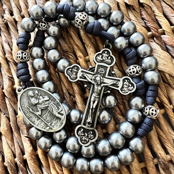 Saints & Apostles Catholic Rosary w/12mm Gray Slate Beads. Cross Design Metal Our Father Beads. Large St. Christopher Medal. #550 Paracord