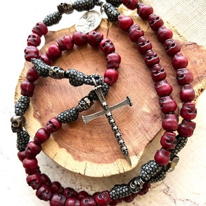 Skull Catholic Rosary w/Stainless Steel Cross. 11mm Skull Beads. Metal Skull Our Father Beads. Choice of Saint Medal. #550 Paracord