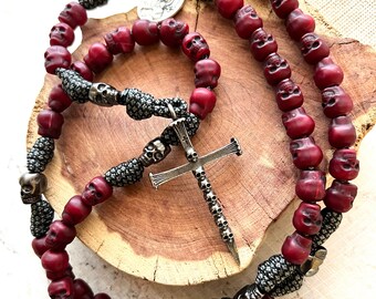 Skull Catholic Rosary w/Stainless Steel Cross. 11mm Skull Beads. Metal Skull Our Father Beads. Choice of Saint Medal. #550 Paracord