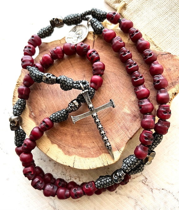 Skull Catholic Rosary w/Stainless Steel Cross. 11mm Skull Beads. Metal Skull Our Father Beads. Choice of Saint Medal. #550 Paracord