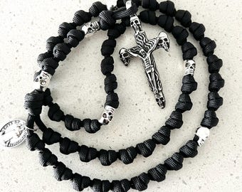 Memento Mori Skull Catholic Rosary Rope. Metal Silver Finish Skull Our Father Beads and Skull Stainless Steel Cross. #550 Paracord.