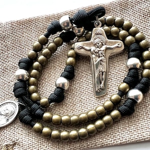 Jesus & Mary 15” Metal Catholic Rosary. 7mm Bronze Finish Metal Beads. Silver Our Father Beads. Choice of Saint Medal. Black #550 Paracord
