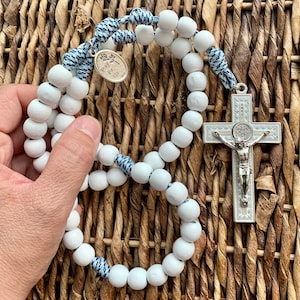 Natural Wood White Color Dyed Catholic Rosary. 12mm Beads. Large St. Benedict Crucifix. Your choice of Saint Medal. #550 Paracord