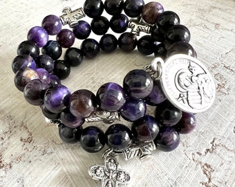 Purple Tigers Eye Stone Rosary Bracelet w/Stainless Steel Memory Wire. Four Way Cross, Cross Our Father Beads. Choice of Saint Medal