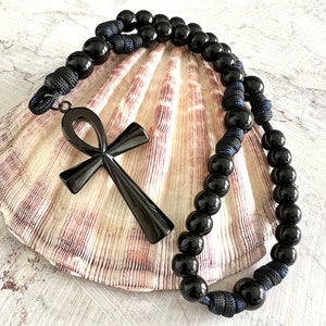 Stainless Steel Cross Ankh Egyptian Anglican Rosary. Black Gloss 10mm Acrylic Beads. Cruciform 12mm Beads. #550 Paracord.