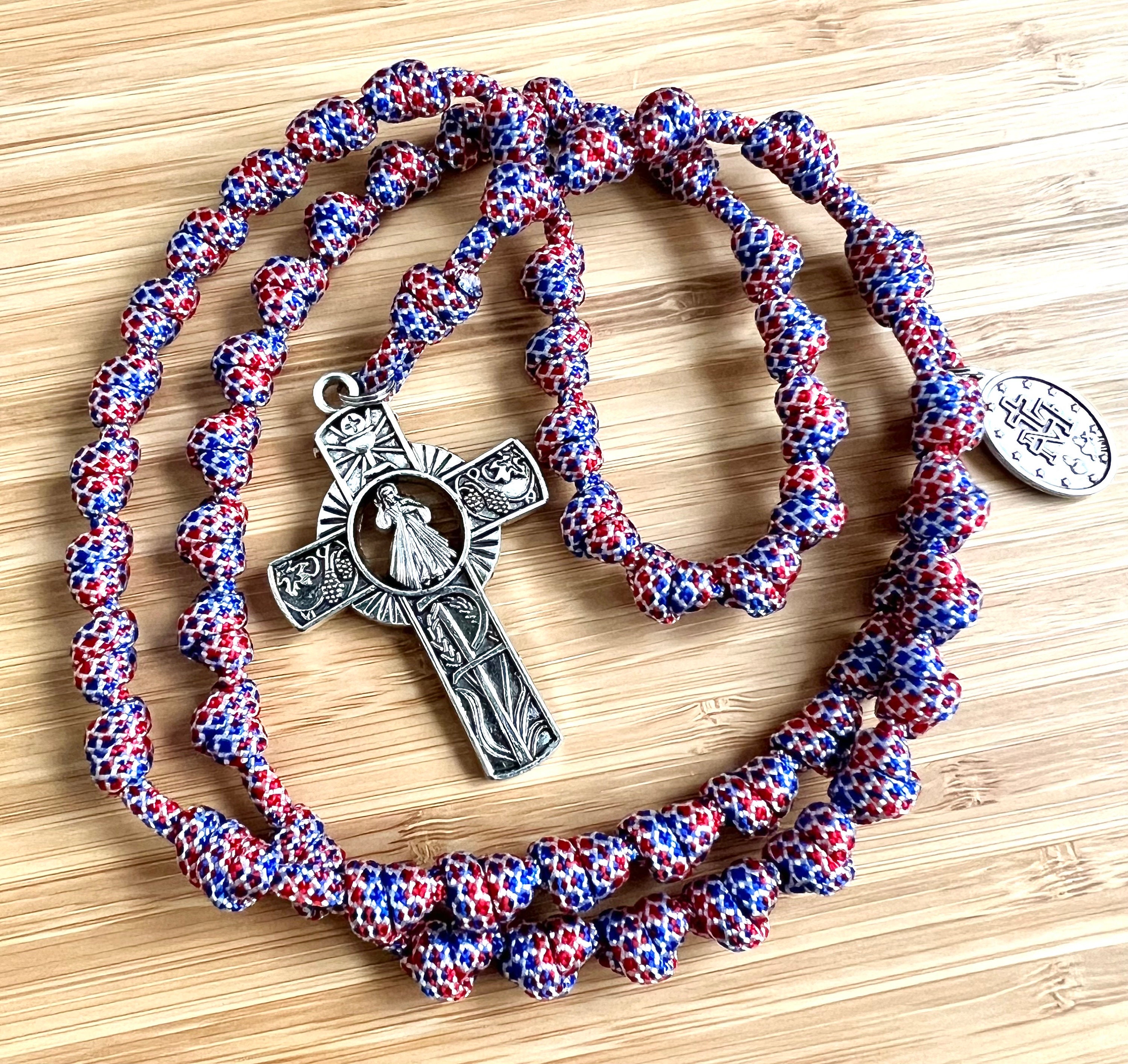 Divine Mercy Knotted Catholic Rosary Rope W/choice of Saint Medal ...