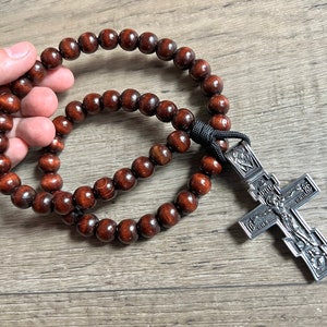 Large Stainless Steel Eastern Orthodox Crucifix, 50 Count Brown Finish 12mm Natural Wood Beads. #550 Paracord