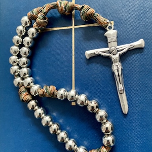 Silver Anglican Rosary with Nailed Crucifix. Metal Alloy 10mm Silver Finish Beads. Brown Camo Cruciform Barrel Knots. #550 Paracord