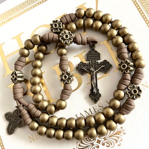 Bronze Catholic Rosary w/Pardon Crucifix. CCB Resin 10mm Beads. Clover Shape Bronze Metal Alloy Our Father Beads. 4-Way Charm. #550 Paracord