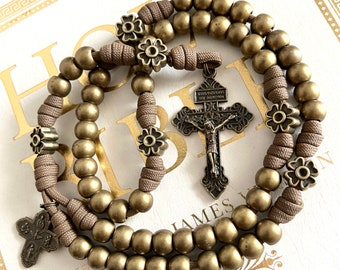 Bronze Catholic Rosary w/Pardon Crucifix. CCB Resin 10mm Beads. Clover Shape Bronze Metal Alloy Our Father Beads. 4-Way Charm. #550 Paracord